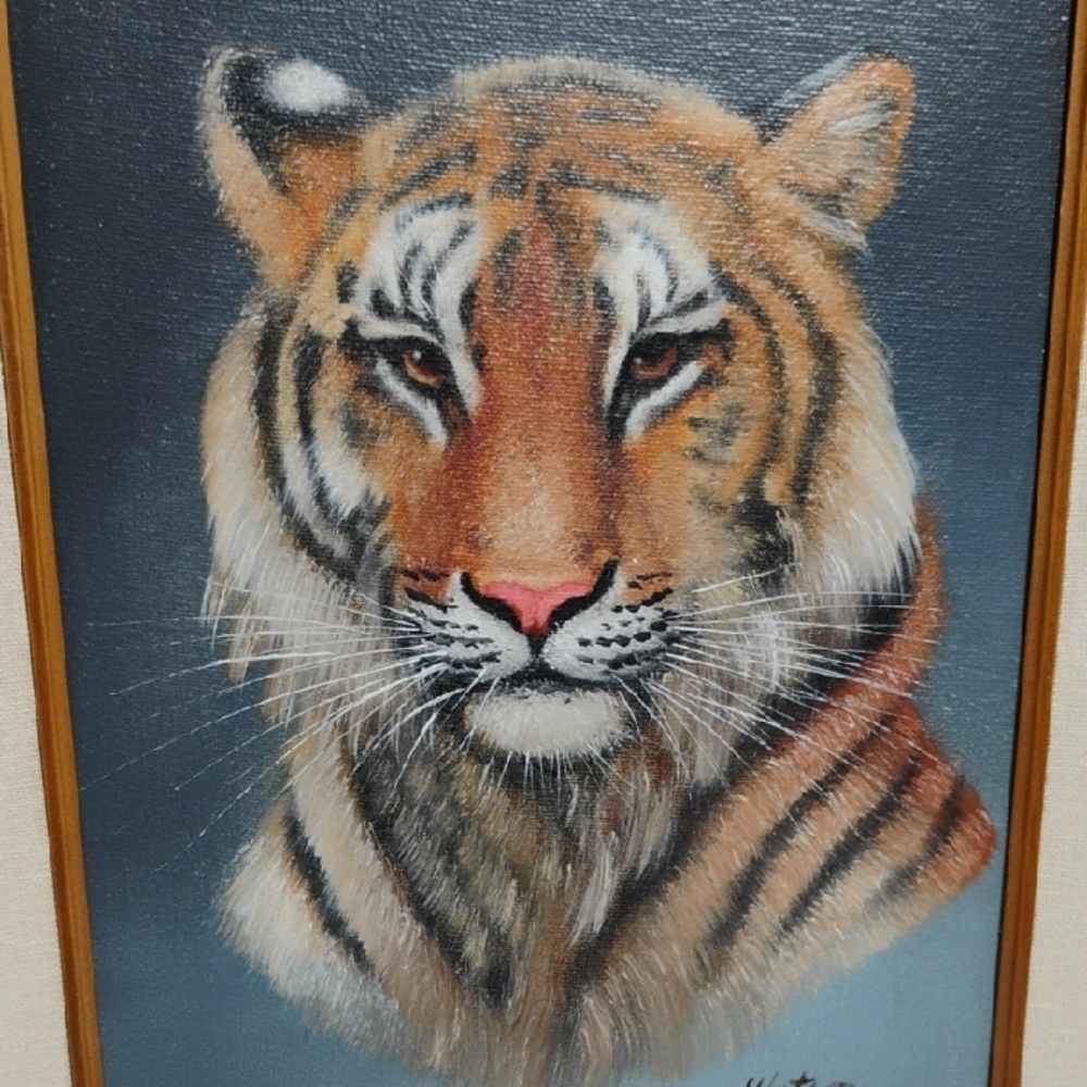 Vtg Oil Painting On Canvas Featuring Bengal Tiger Portrait Signed By "Watson" - Picture 3 of 9